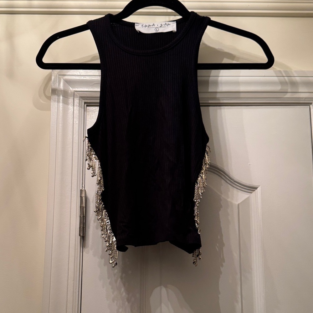 Emma & Sam Black Tank Top with Silver Fringe